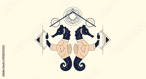 Mythical Seahorse Zodiac Symbol with Geometric Shapes and Celestial Elements