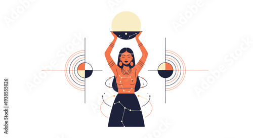 Mystic Woman Holding Glowing Orb with Celestial Geometric Patterns