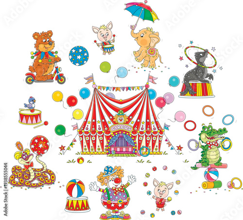 Colorful circus tent with flying holiday balloons surrounded by a clown and funny animals performers, a bear on a scooter, a snake, piglets, a little elephant, a seal, a crocodile, vector cartoons