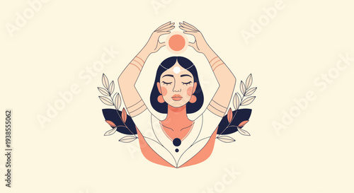 Woman Meditating with Sun Symbol, Yoga, Spirituality, Inner Peace, Wellness Illustration