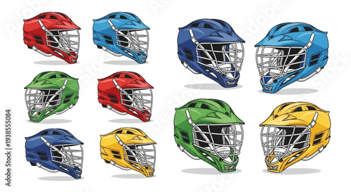 Collection of Colorful Lacrosse Helmets Displayed in Rows.
