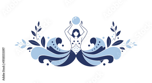 Stylized Mermaid Holding Pearl Surrounded by Waves and Foliage