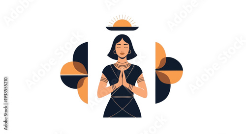 Woman meditating with geometric patterns and sun symbol, spiritual, mindful, calm