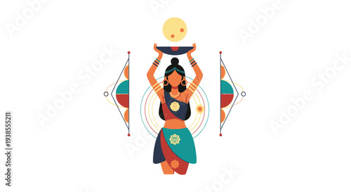 Indian woman holding offering plate, traditional attire, cultural celebration, abstract background