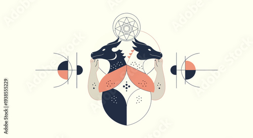 Mystical Twin Dragons Symbol with Celestial Geometric Elements