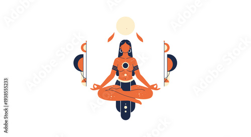 Woman meditating in lotus pose, spiritual enlightenment, inner peace, yoga illustration