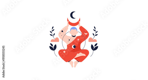 Mystical Person Meditating with Moon and Stars, Spiritual Yoga Illustration