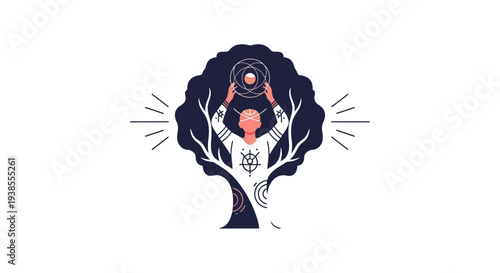 Mystical Tree of Life with Person and Cosmic Symbols