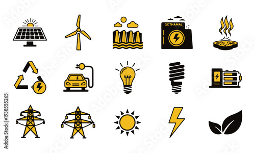 Modern Energy and Renewable Electricity Vector Icon Set. Sustainable Power and Green Technology Line Icons Collection