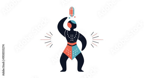 Stylized Person with Crystal, Abstract Energy and Light Rays, Minimalist Design