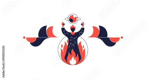 Cosmic Being in Fiery Circle with Planets and Abstract Shapes