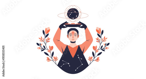 Cosmic Balance: Woman Holds Celestial Orb and Constellations Graphic
