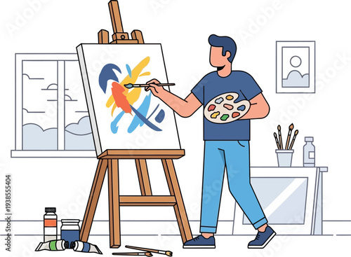 Man diligently paints abstract colors onto a canvas set up on a wooden.