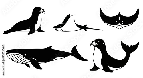 Black and white marine animals set: whale, seals, and manta rays silhouettes