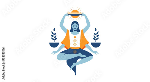 Spiritual Woman Meditating with Sun and Plants, Chakra Balance