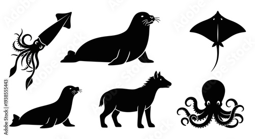 Black animal silhouettes: marine creatures (octopus, squid, seal, ray) and a wolf icon set