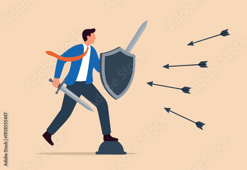 Shield protection from threats, security attack or business risk, insurance or safety guard to protect from threatening concept, strong businessman with armor and shield to protect from bow arrows