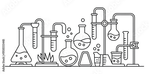 Detailed illustration of various laboratory glassware and equipment in a lineart style against a white background