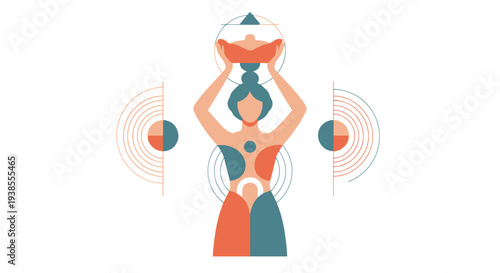 Woman Holding Sacred Bowl, Spiritual Energy, Cosmic Harmony, Abstract Geometric Design