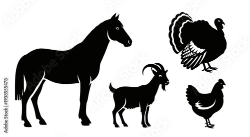 Black silhouettes of farm animals: horse, goat, turkey, chicken