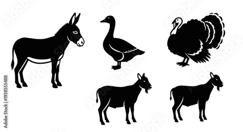 Black silhouettes of various farm animals: donkey, goose, turkey, and goats