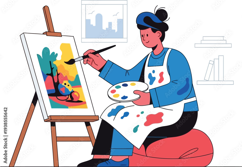 Fototapeta premium Young woman artist concentrates while painting a colorful abstract scene.