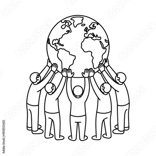Diverse group of people holding up the planet Earth together showing global unity and cooperation