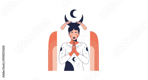 Woman meditating with moon symbols, spiritual healing and astrology concept