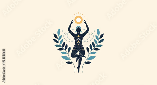 Mystical Woman Silhouette in Yoga Pose with Celestial Elements and Leaves