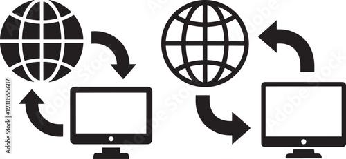 Global Data Transfer and Network Icon: Earth Globe Connected to Desktop Computer with Arrows, Symbolizing Internet and Communication