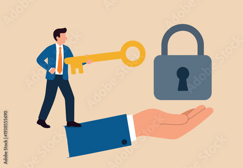: Golden key to unlock, solve business problem, professional to give solutions, success business key or unlock business accessibility concept, smart businessman holding golden key to unlock the pad..