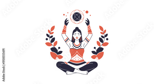 Woman Meditating with Cosmic Orb and Floral Accents