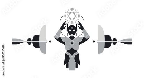 Mysterious Futuristic Figure Holding Sacred Geometry Symbol