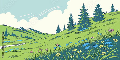 фотографія A serene landscape with a green hill and trees Vector