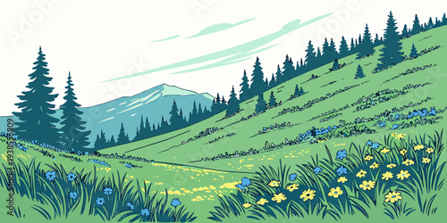 A serene landscape with a green hill and trees Vector