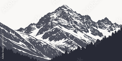 A black and white photo of a snow covered mountain range Vector