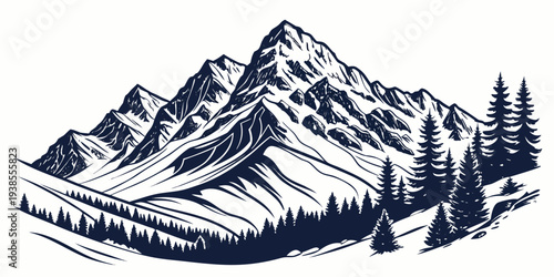 A mountain range with trees and snow Vector