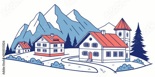 A small town nestled in the mountains during winter Vector
