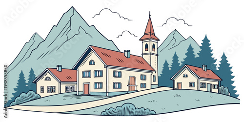 A church and buildings in a mountainous landscape Vector