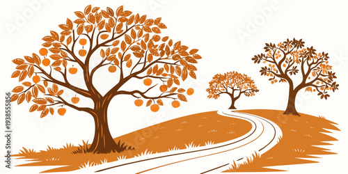 An orange illustration of trees on a hill Vector