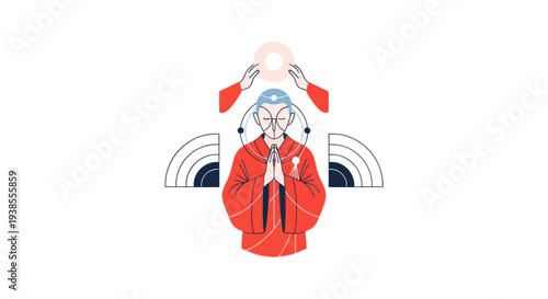 Zen Monk Meditating with Spiritual Energy Flow and Enlightenment Symbol