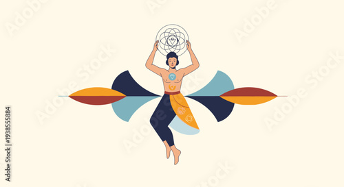 Man holding mandala, abstract spiritual symbol, balance, harmony, meditation concept