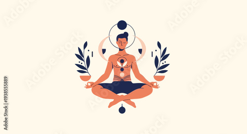 Man meditating in lotus pose with chakras and cosmic symbols, flat design.