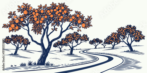 A serene winter landscape with trees and a winding road Vector