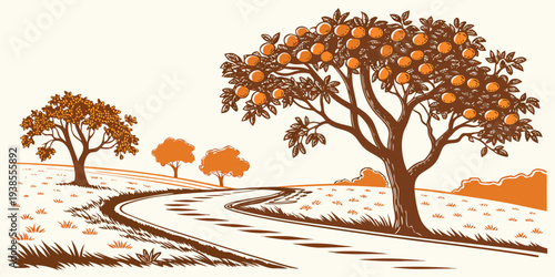 A brown and orange illustration of trees on a dirt road Vector