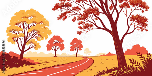 A red road with trees on the side in autumn Vector