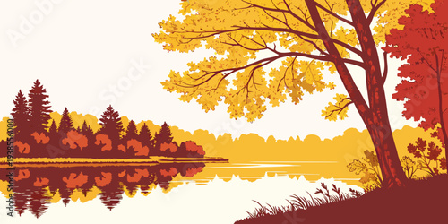 A serene lake scene with trees in autumn colors Vector