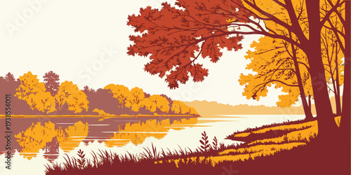 A serene autumn landscape with trees and a body of water Vector