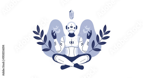 Robot Meditating with Crystal, Symbolizing AI Serenity and Futuristic Mindfulness