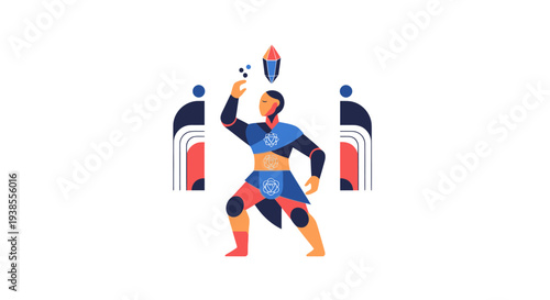 Person Juggling Objects, Abstract Geometric Background, Performance Art